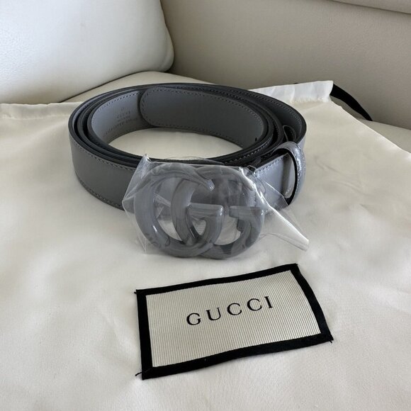 New 100% Authentic GUCCI Belt Marmont 414516 85 cm 34 In Grey Leather Logo - Picture 3 of 6